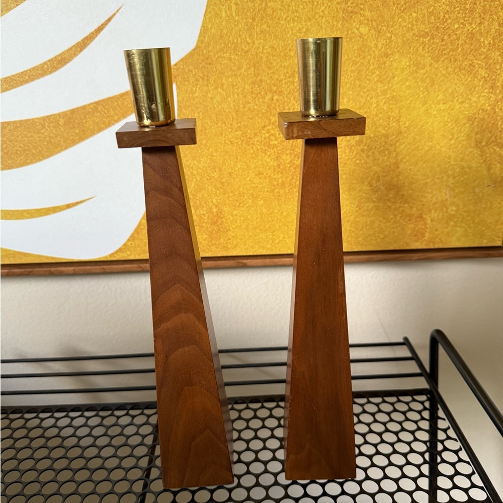 Mid Century Kustom Kraft Wood & Brass Candlesticks